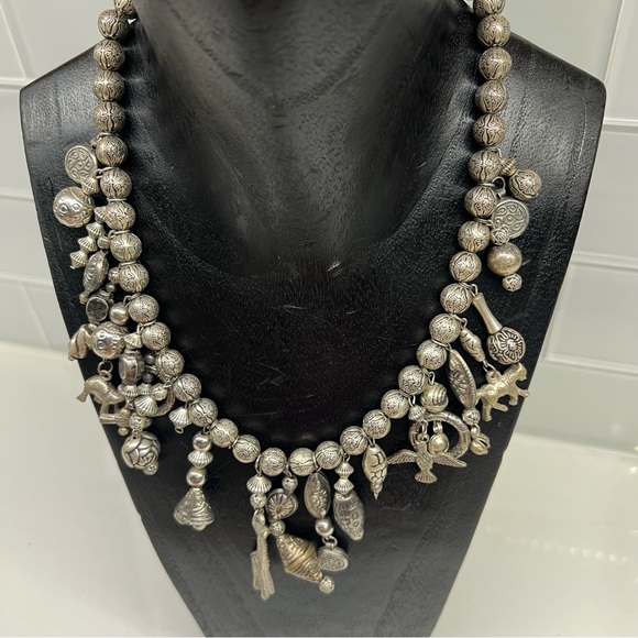 Vintage 1980’s-90’s Pewter Charm Bib Necklace Fringed Tubular Bib Pendant 19” - Picture 2 of 11